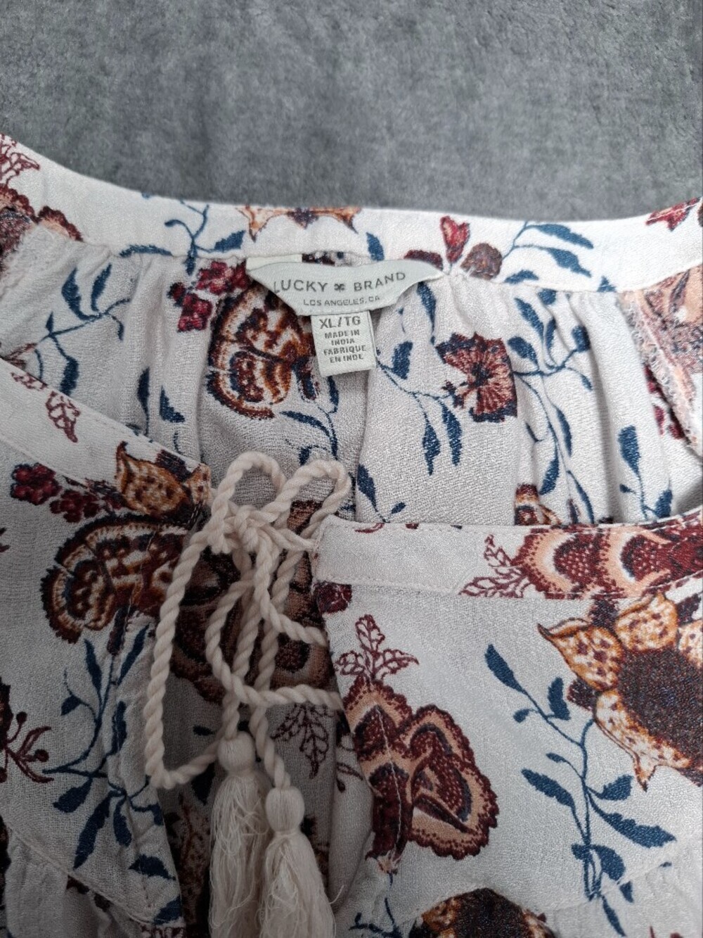Lucky Brand Womens XL Cream Rust Peasant Boho Top Tassel Tie Paisley Floral - Picture 8 of 10
